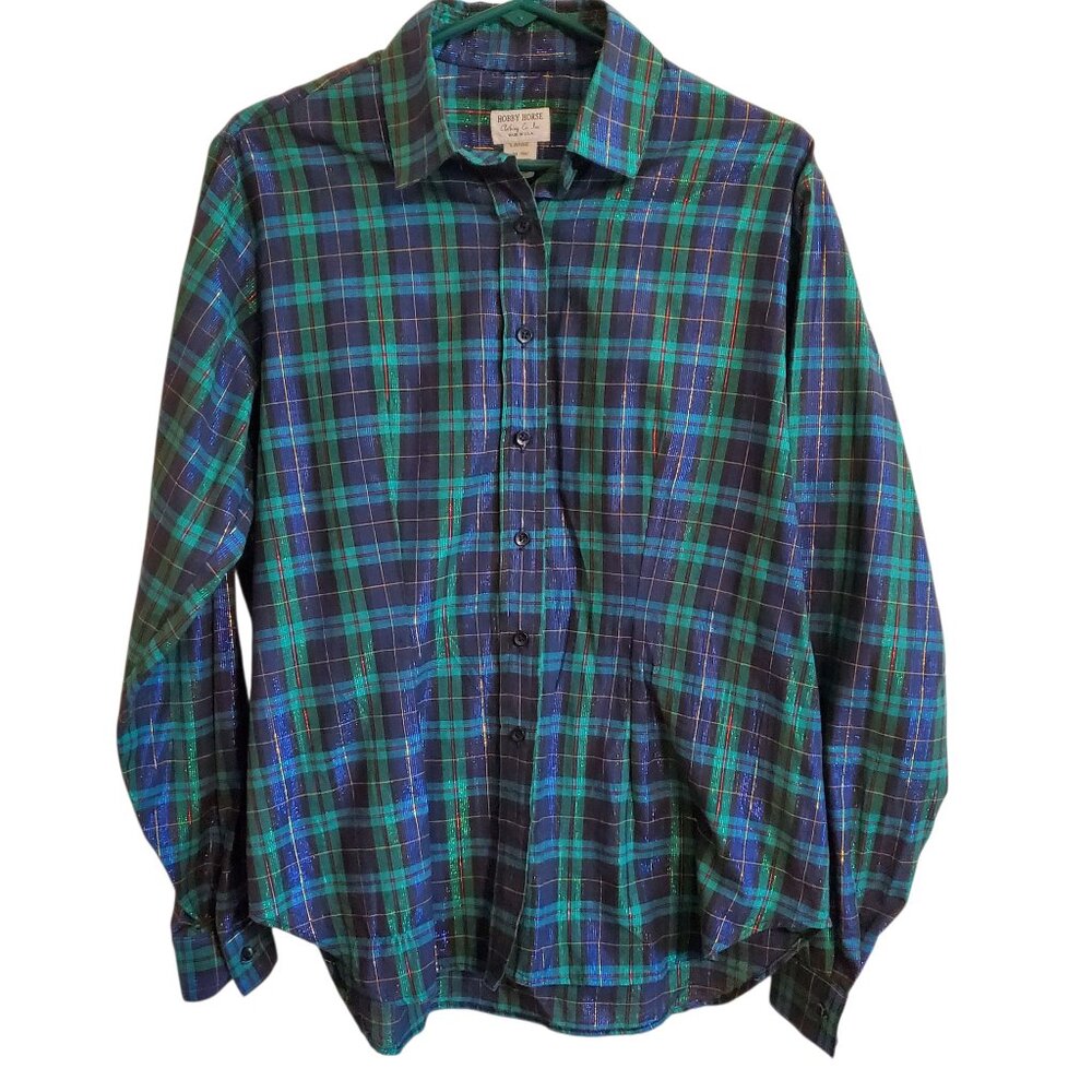 Hobby Horse Western Show Shirt Blue Green Gold Red Metallic Threading Large